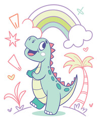 Obraz premium Adorable Pastel Dinosaur Rainbow Illustration