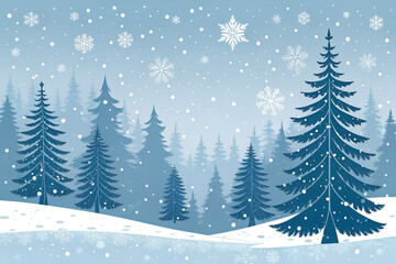 Obraz premium Flat Vector Illustration of Snowy Pine Trees with Mountains