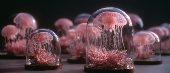 Pink jellyfish gracefully float in glass domes on display, blending marine life with art in an imaginative, otherworldly exhibit.