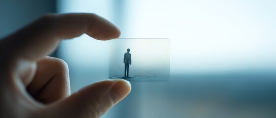 A tiny figure stands silhouetted on a card held delicately between fingers, emphasizing scale and mystery.
