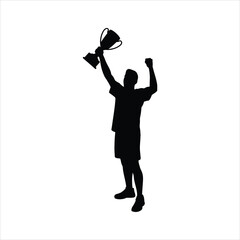 Fototapeta premium Silhouette of a victorious athlete holding a trophy celebrating success on white background