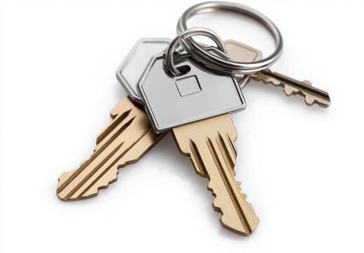 Close-up of a bunch of golden house keys attached to silver keyrings on a white background