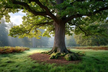 Obraz premium Majestic Oak Tree: Serene Sunlight, Lush Green Landscape