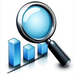 A magnifying glass analyzes a blue bar graph, revealing data insights.