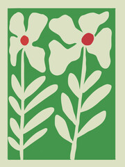 Bright abstract flowers with leafy stems on green. Use in floral designs, home decor, and minimalist projects