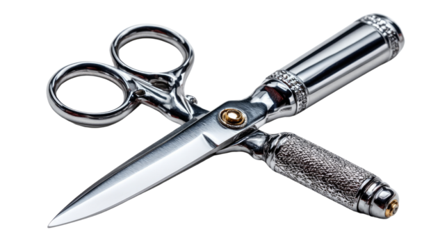 Scissors with Style: A gleaming pair of scissors, crafted with polished metal, reflecting artistry and precision. Ideal for elegant crafts and design work.