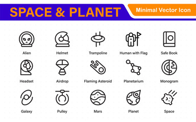 Modern Space and Planet Icons – Clean Outline, Line Art, and Vector Illustrations for Astronomy, Space Exploration, Planets, and Solar System Designs