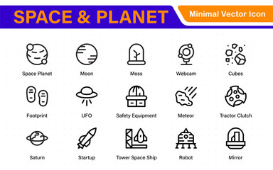 Modern Space and Planet Icons – Clean Outline, Line Art, and Vector Illustrations for Astronomy, Space Exploration, Planets, and Solar System Designs