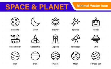 Modern Space and Planet Icons – Clean Outline, Line Art, and Vector Illustrations for Astronomy, Space Exploration, Planets, and Solar System Designs
