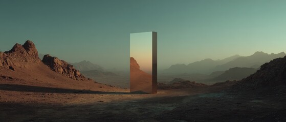 A towering mirror stands amidst a barren desert landscape, reflecting an endless horizon.