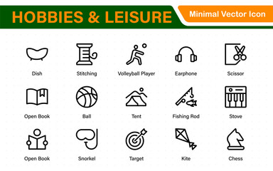 Creative Hobbies and Leisure Icons – Clean Outline, Line Art, Vector Illustrations for DIY Crafts, Outdoor Fun, Entertainment, and Recreation Projects