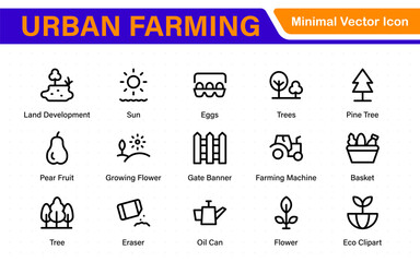 Modern Urban Farming Icons for Community Gardens – Clean Outline, Line Art, Vector Illustrations for Sustainable Farming, Urban Green Projects, and Apps