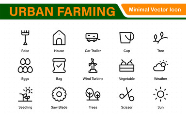 Modern Urban Farming Icons for Community Gardens – Clean Outline, Line Art, Vector Illustrations for Sustainable Farming, Urban Green Projects, and Apps