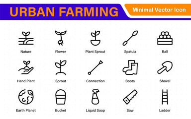 Modern Urban Farming Icons for Community Gardens – Clean Outline, Line Art, Vector Illustrations for Sustainable Farming, Urban Green Projects, and Apps