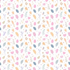 Delicate Seamless Pattern Featuring Pastel Flowers, Leaves, and Abstract Shapes for Fabric and Wallpaper Design