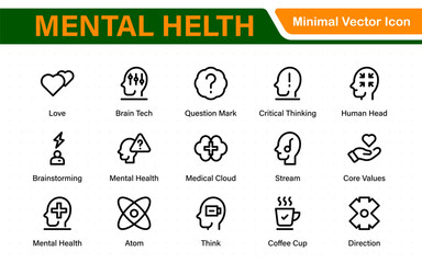 Mental Health and Psychology Icons. A Complete Collection for Therapy Sessions, Counseling, Emotional Well-being, Support Services, and Wellness Programs