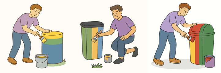 vector illustration collection of man painting trash can with colorful colors, man wearing lavender t-shirt and jeans pants