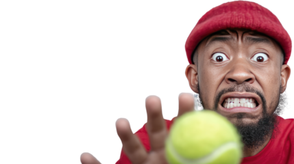 Focused Frustration: An individual, captured mid-action, reaches desperately for a tennis ball with an intense expression reflecting focus and frustration.