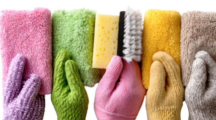 Colorful Clean: A collection of cleaning essentials, including gloves, sponges, and brushes, creating a cheerful and inviting image, symbolizing the satisfaction of a tidy and refreshed space.