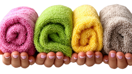 Soft Embrace: A pair of hands gently cradles a vibrant collection of rolled-up towels, inviting a sense of comfort and care. showcasing texture, color, and well-being.