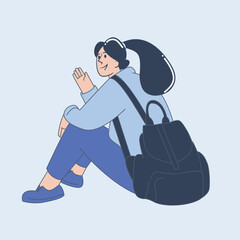 Woman with Backpack Sitting and Waving Casual Travel Vector Illustration