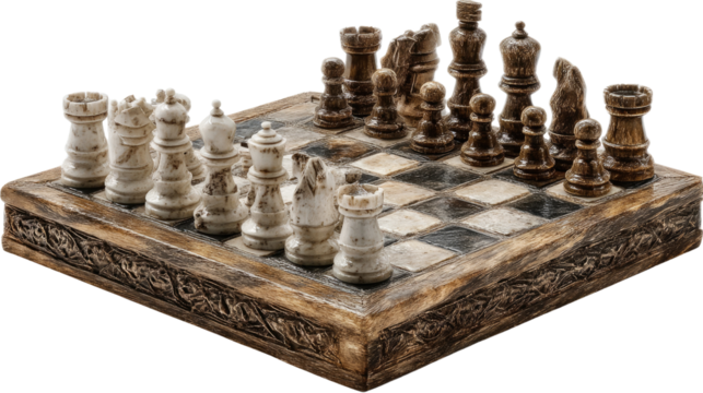 Chessboard Duel: A detailed shot of an antique chessboard with chess pieces set up, ready for an engaging game of strategy and intellect. Perfect for illustrating the concepts of strategy.