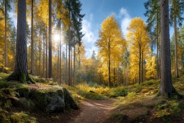Obraz premium Golden Autumn Forest Path: Sunlit Trees and Serene Pathway
