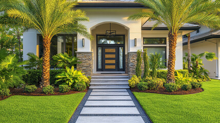 Fototapeta premium Luxurious Florida house exterior with tropical landscaping and welcoming entrance