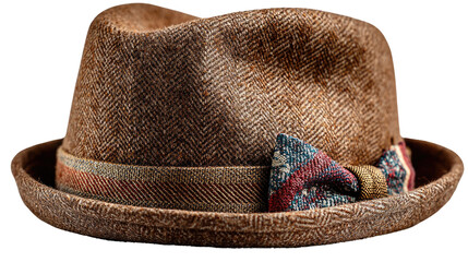 Elegant Fedora: A close-up shot showcases a classic fedora hat with its signature features: a soft brim, a gently indented crown, and an attractive bow tie on the hat band.