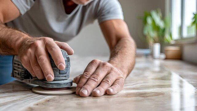 A skilled craftsman operates a powerful sander to perfectly finish a stunning marble countertop in a contemporary kitchen, illuminated by bright daylight