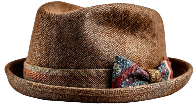 Elegant Fedora: A close-up shot showcases a classic fedora hat with its signature features: a soft brim, a gently indented crown, and an attractive bow tie on the hat band.