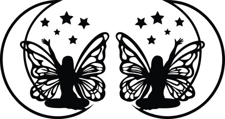 Two Fairy Silhouettes on Crescent Moons with Stars