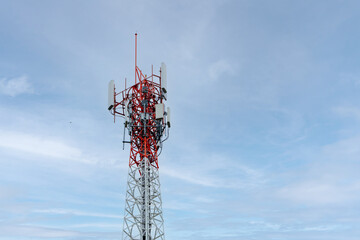 Telecommunication tower or Mobile phone tower with 5G cellular network . Global connection and...