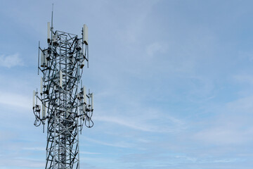 Telecommunication tower or Mobile phone tower with 5G cellular network . Global connection and...