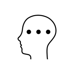 A minimalist black line drawing of a human head profile with three solid black dots representing thoughts or ideas. Suitable for conceptual art, psychology, and creativity themes