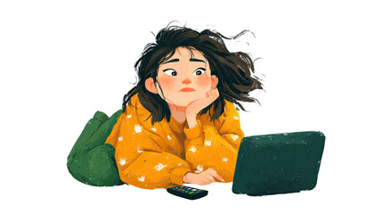 Online Entertainment: A young individual, lost in thought, rests on a floor cushion, absorbed in digital entertainment, capturing a sense of modern relaxation.