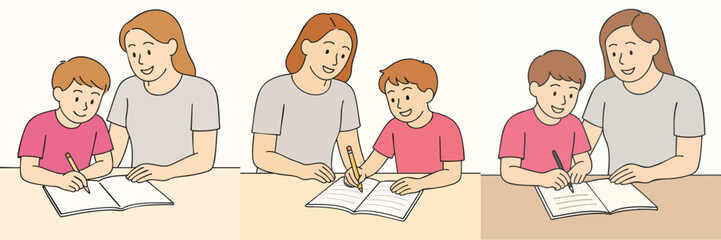 Vector collection of mother and child learning to write together, mother wearing a light gray t-shirt, child with a pink fanta t-shirt