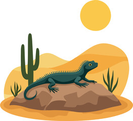 Desert Iguana Vector Illustration on Rock with Yellow Sun and Cactus Landscape in Flat Style