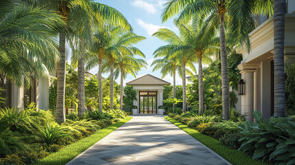 Fototapeta premium Luxurious tropical pathway lined with palm trees and lush greenery leading to grand entrance