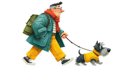 Gentleman Walking Dog: A cheerful illustration of an elderly gentleman strolling with his small dog. The man is wearing a stylish coat and scarf, while his dog sports a cozy sweater.
