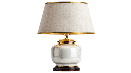 Elegant Table Lamp: An eye-level shot showcases a luxurious and elegant table lamp with a pristine ceramic base and gold accents, casting a warm glow in a sophisticated setting.