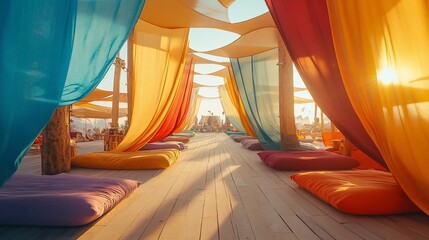 Serene Bohemian Retreat with Colorful Drapes and Floor Cushions at Sunset