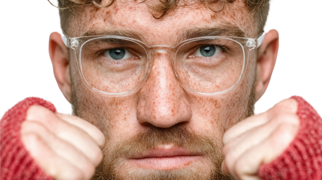 Close-Up Portrait: A focused close-up shot of a person wearing clear glasses, with a determined expression, showing a rugged, natural look and human character.