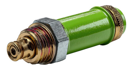 Green Industrial Valve: A close-up studio shot showcasing a vibrant green industrial valve, highlighting its intricate brass fittings and robust construction.