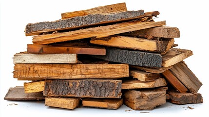 Neatly stacked firewood pile ready for winter heating isolated on white
