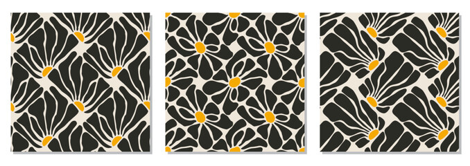 Set of trendy minimalist seamless botanical pattern with abstract creative hand drawn composition