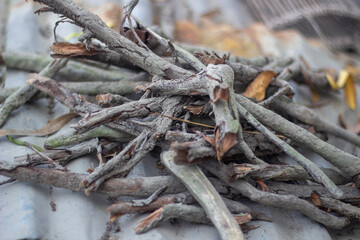 Some chalks and straw together on the ground