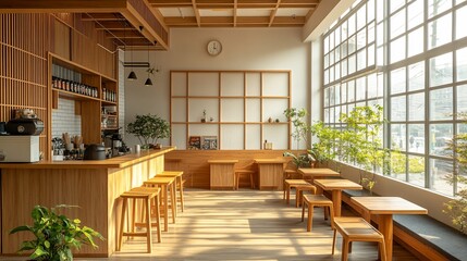 Inviting interior of a modern cafe with natural light and minimalist design