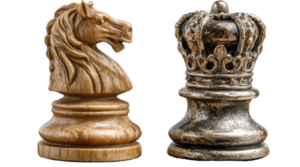 Chess Knight and King: A close-up shot of a meticulously carved wooden knight and a dark metallic king chess pieces, set against a neutral background, symbolizing strategy, power, and competition.