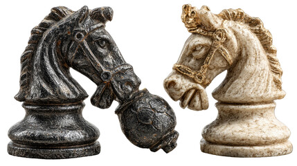 Chess Knight Confrontation: Captivating close-up view of the intricately carved chess knights, locked in a silent strategic battle. Emphasizing the game's intellectual duel.